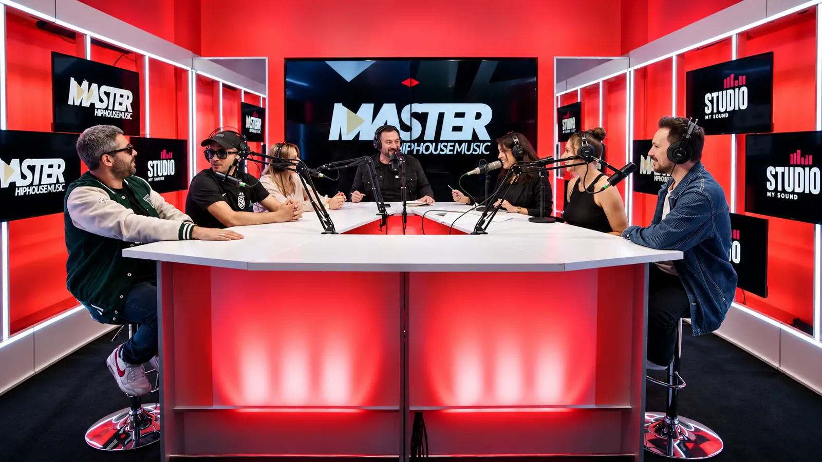 Grand plateau, plusieurs intervenants autour du desk