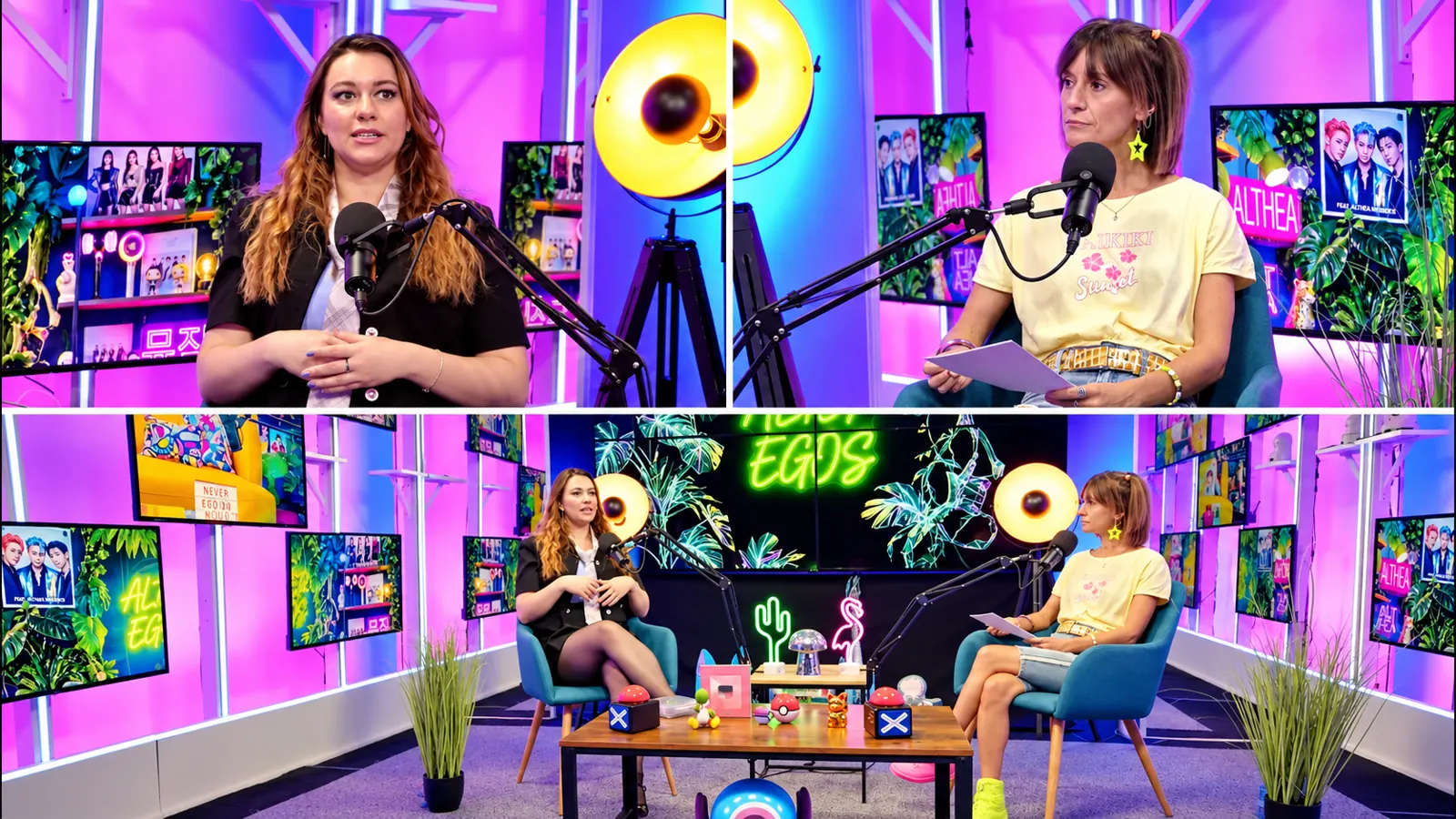Podcast vidéo au studio RECBOX, décor néon
