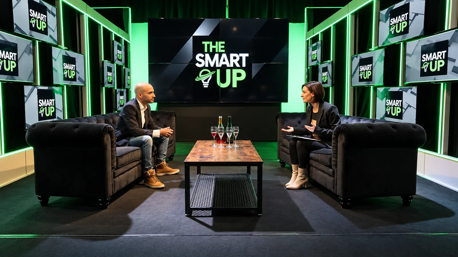 Plateau salon intimiste, deux intervenants