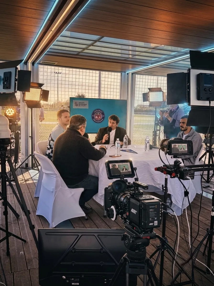 Table ronde RECBOX en extérieur, au bord du terrain de l'AS Toulouse Lardenne